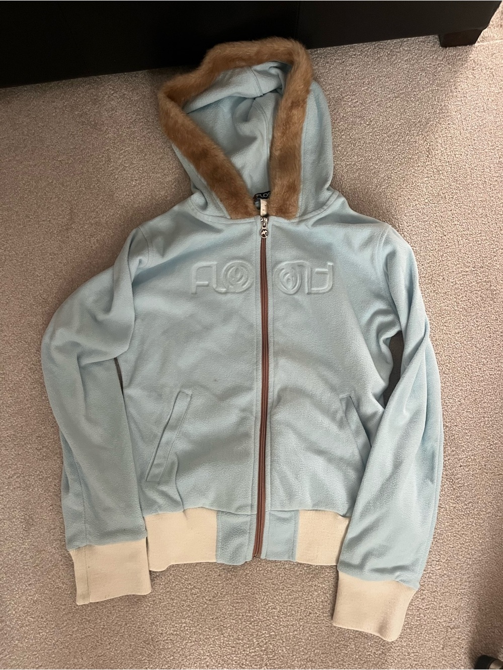 Vintage Light Blue Hooded Zip Jacket with Fur Trim